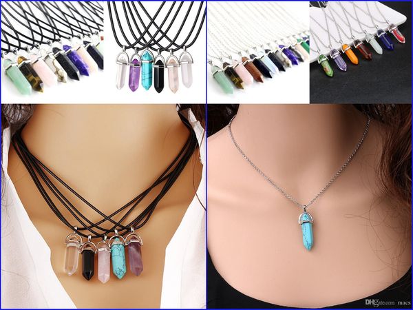 

2 цепи multicolor пуля форма натуральный камень кулон шестиугольная призма кварц бирюзовый кристалл драгоценных камней ожерелье ювелирные из, Silver