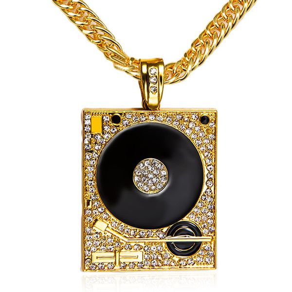 

wholesale- dj phonograph big pendant necklace men jewelry hiphop chain gold silver plated music hip hop rock rap necklaces mens jewellery