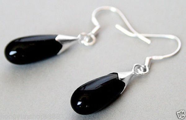 

new pair black agate jade onyx 925 sterling silver hook teardrop dangle earrings