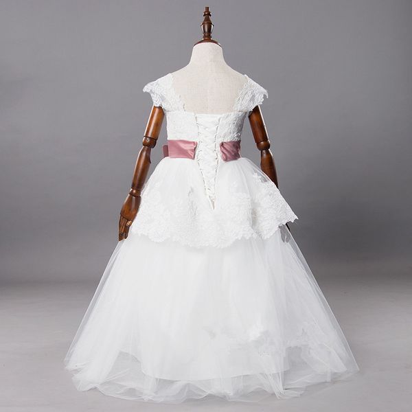 

princess gown formal lace sash tulle custom made crew little flower girl dresses for wedding floor length bows kids party birthday dress, White;blue