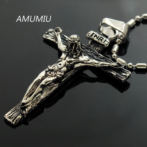 

amumiu inri jesus piece trendy punk vintage cross gift men 316l stainless steel necklace pendant kp164, Silver