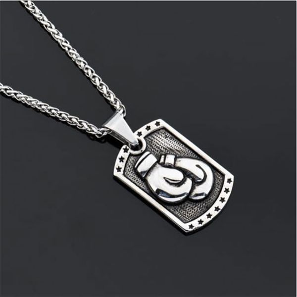 

Men's Hip Hop Necklace Silver Plated Fist Boxing Glove Dog Tag Pendant Necklace Wheat Chain Titanium Stainless Steel Jewelry