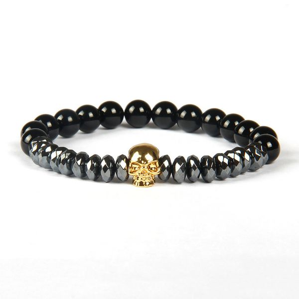 Modeschmuck Großhandel 8 mm schwarze Onyx-Steinperlen der Güteklasse A mit Hämatit-Perlen im Rautenschliff, Mikro-Pavé-Schädel-Armbänder