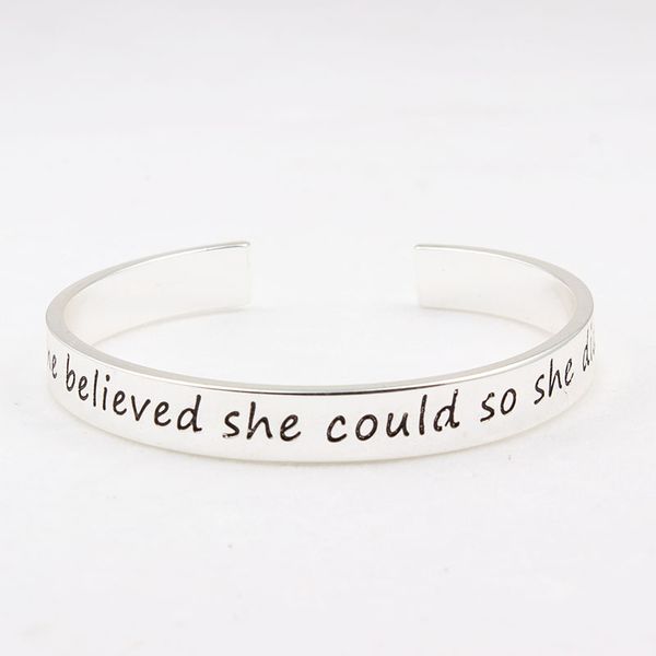 

wholesale-5pcs/lot diy fashion cuff bracelet bangle 'she believe she could so she did ' letter alloy bracelets, White