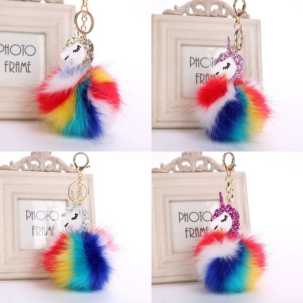 

Hot Fluffy Unicorn Pony Keychain Pendant Cute Pompom Artificial Rabbit Fur Key Chain Bag Car Key Ring Hang Bag Jewelry Free DHL B765S