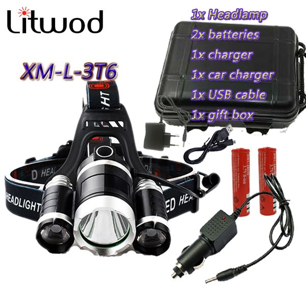 Litwod 3T6 Scheinwerfer 3x XML T6 LED Scheinwerfer 9000 Lumen Stirnlampe Taschenlampe Lanterna LED Scheinwerfer 90 Grad Nacht2979011