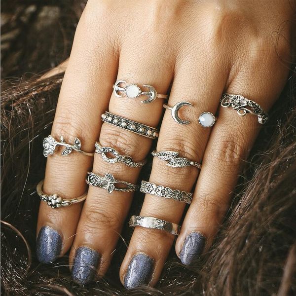 

11pcs/set vintage punk jewelry retro bohemian midi rings set for women tibetan silver crystal flower knuckle rings jewelry hz