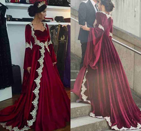 

new arabic dubai long sleeves kaftan evening dresses 2019 burgundy velvet with appliques long vintage muslim party gowns, Black;red