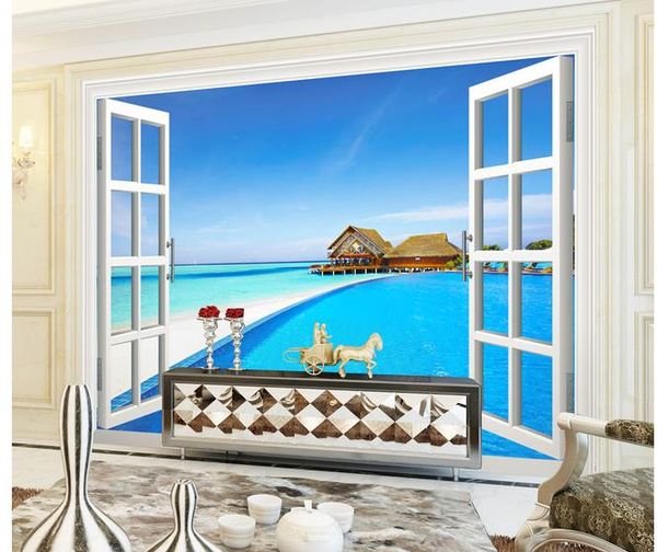 

popular 3d stereo windows outdoors landscape maldives blue sea background wall