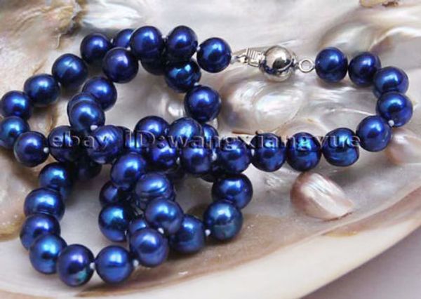 

fashion 8-9mm real blue akoya cultured pearl necklace 18", Silver