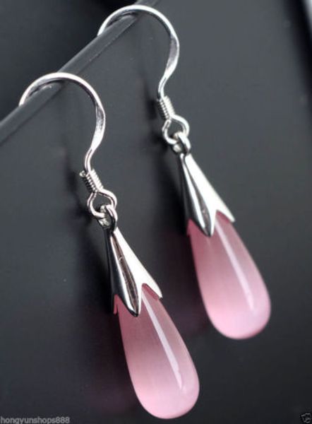 

pretty 925 sterling silver hook pink cat eye opal gemstone teardrop earrings