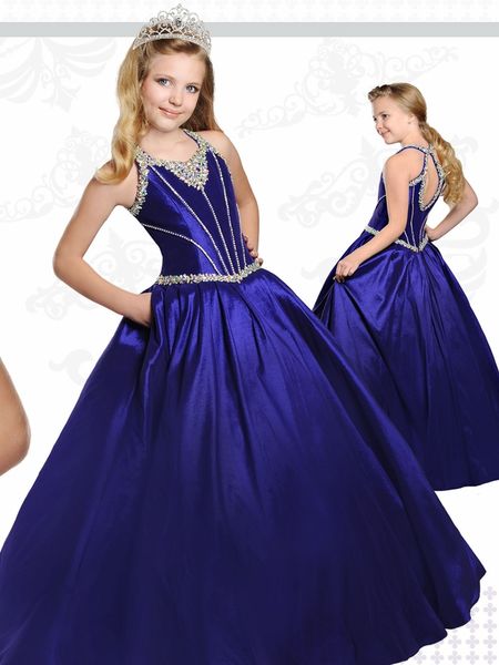 Abiti da spettacolo per adolescenti blu royal 2021 Ritzee con retro a goccia e collo con perline Bellissimo abito da spettacolo per ragazza in taffettà con tasche personalizzate