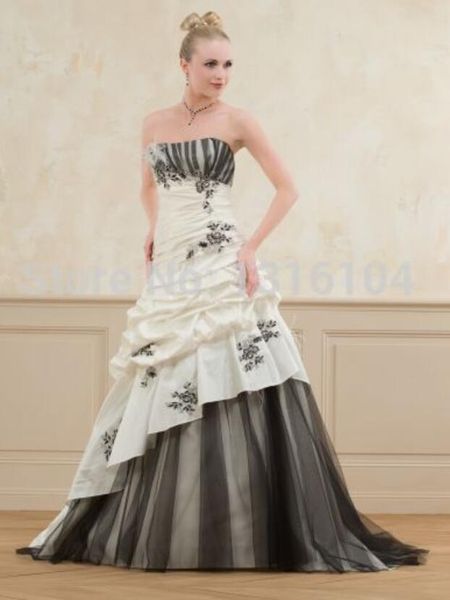 A linha vintage preto e branco gótico vestidos de casamento sem alças tafetá tule espartilho voltar não branco vestidos de noiva com cor 1950