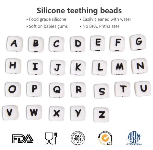 26pcs Square Letter Safe Silicone Teething Beads For Baby Teether Pacifier Chain