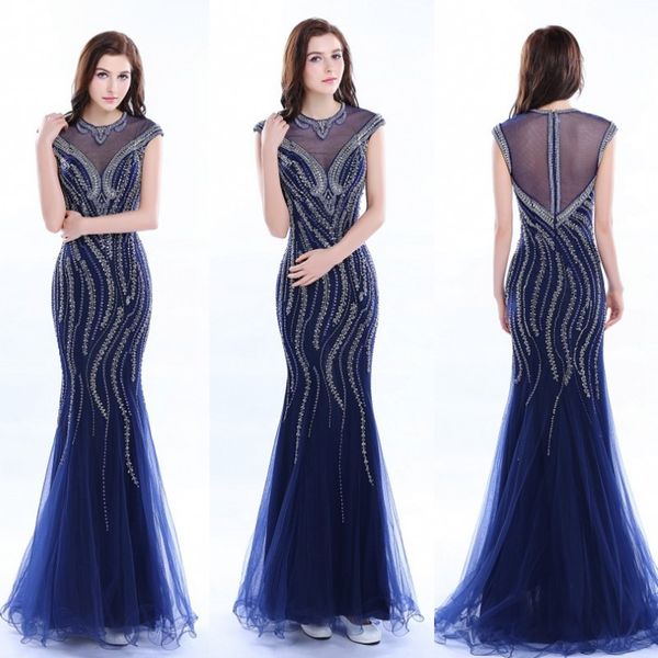 Azul marinho Lantejoulas Beading Prom Vestidos 2017 Sheer Voltar Tule Sereia Vestidos de Noite Babados Até O Chão Real Fotos Formal Vestido de Festa