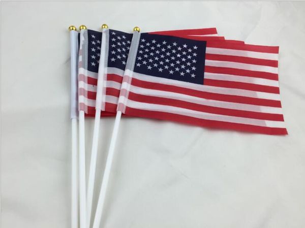 

eco-friendly usa america flag banner 14x21cm flag 100% polyester flags with plastic flagpoles for the united states celebration decoration