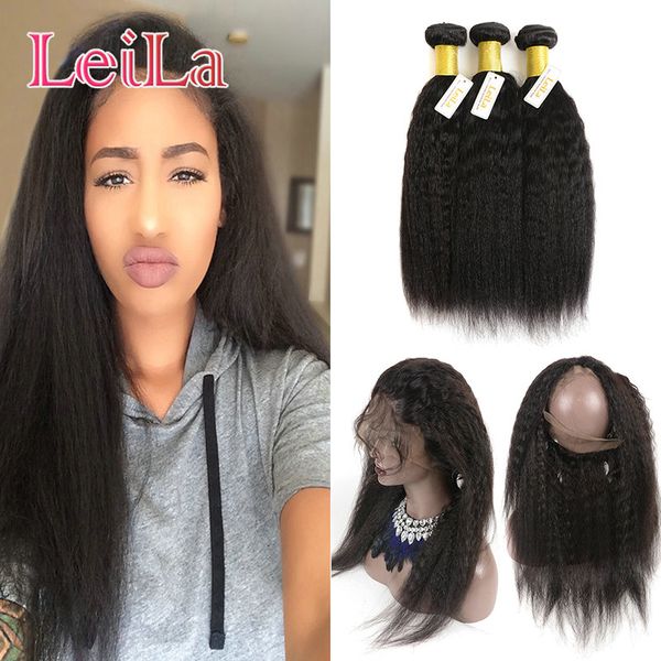 

indian natural hairline virgin hair coarse yaki 360 lace frontal with bundles kinky straight pre plucked human hair, Black;brown