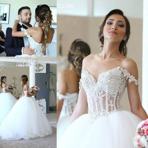 

2018 elegant lace appliques straps sweetheart bodice corset ball gown wedding dresses pearl beaded bride gowns vestidos de noiva, White