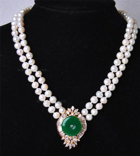 

beautiful 2rows white pearl green jade pendant necklace, Silver