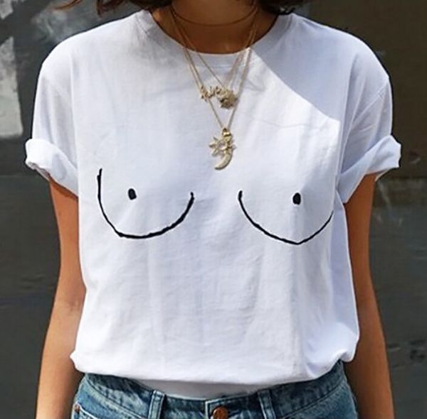 

wholesale- bazaleas summer women t-shirt the nipple print funny t-shirt boobs drawing harajuku casual t shirt punk tee plus size, White