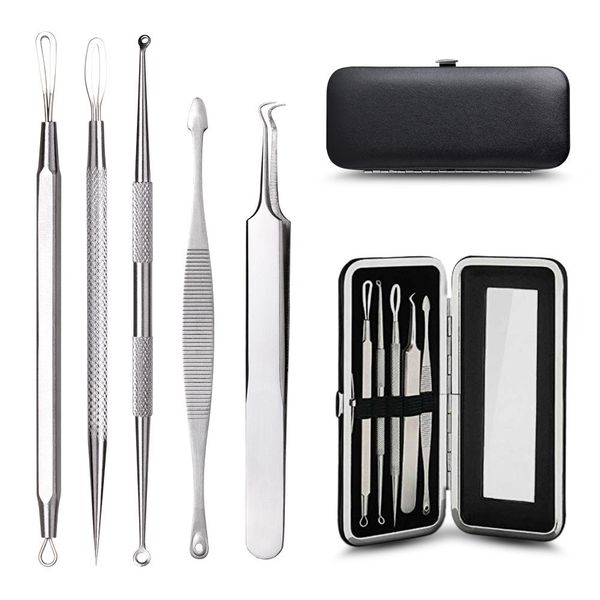 

blackhead remover tools kit, 5 in 1 tools with built-in mirror, premium hook tweezer included for zit pimple whiteheads blemish comedones a