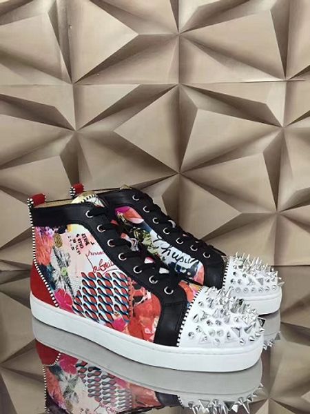 

original box]men flower leather sneakers pik pik spikes men's fashion red bottom outdoor party wedding flats luxury leisure flats 35-4, Black