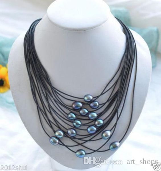 

new 15row 11-13mm black rice pearl black leather necklace, Silver