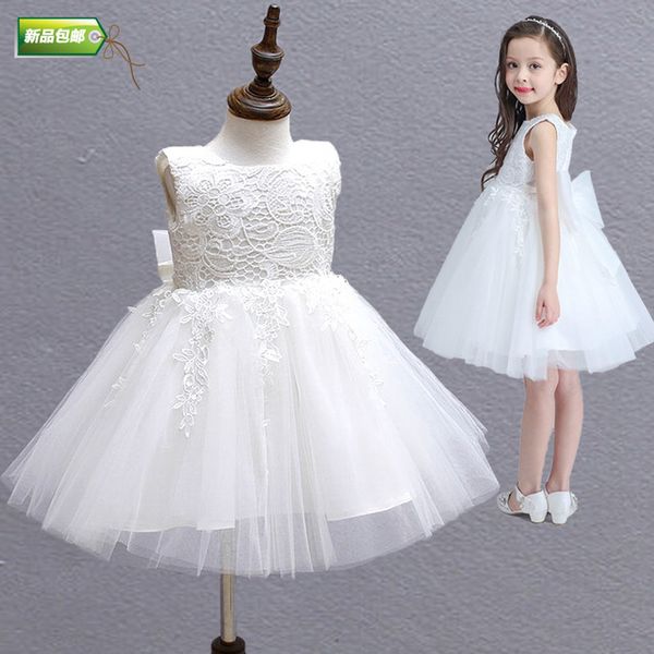 

2017 new jewel neck lace applique a-line flower girl' dresses sleeveless floor length little girls 'wedding party dresses bow sash, White;blue