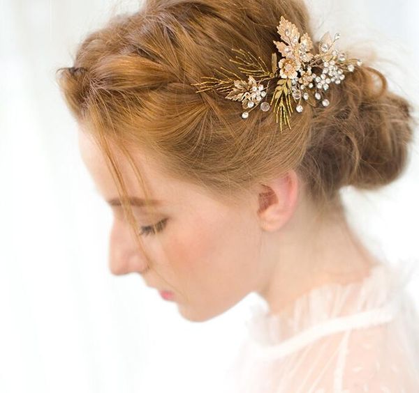 Gold Wedding Bridal Hair Pin Hand Made Crystal Beaded Head Pieces