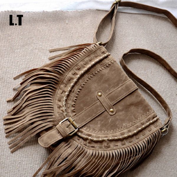 

wholesale-2016 women fringed messenger bag brown faux suede fringe tassel beaded boho hippie gypsy bohemian cross body bag