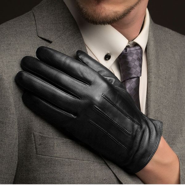 

wholesale- fashion men touch screen sheepskin gloves wrist solid black real genuine leather driving glove plus thin velvet ing, Blue;gray
