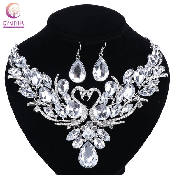 

swan ab crystal bridal jewelry set for woman gold color necklace earrings wedding beads fashion jewelry gift, Black