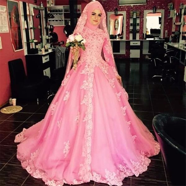 

high neck long sleeves muslim pink wedding dress with kerchief appliqued tulle bridal gown middle east arabic bride dresses, White