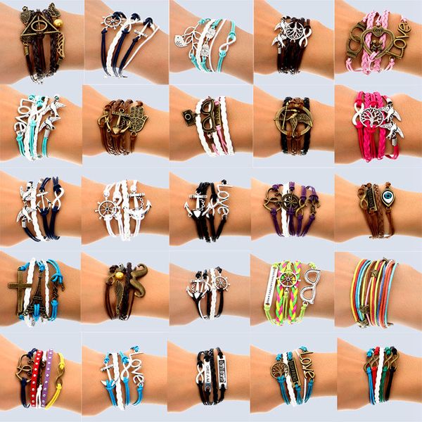 

hand made 30 mix style infinity leather alloy fashion cuff bracelet charm bracelet vintage accessories lover gifts, Golden;silver