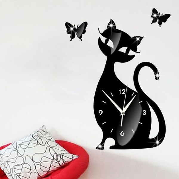 Cute Cartoon Diy Black Cat Mute Ultrathin Mirror Wall Clock 35 32cm Wall Sticker Poster For Bedroom Drawing Room Home Decoration Big Clock For Wall