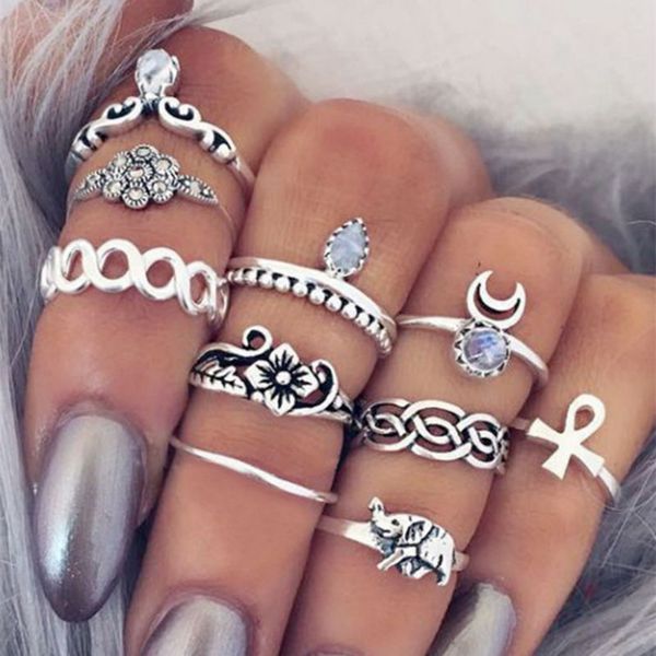 

10PCS Vintage Gold Silver Elephant Rings Carved National Style Luxurious Joint Knuckle Midi Finger Ring Set for Women B999S