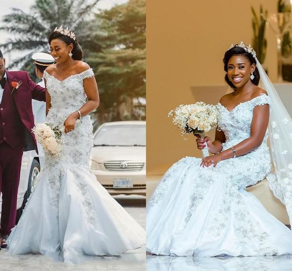 

romantic vintage off shoulder mermaid bridal dresses for wedding with applique beaded wedding dresses custom made back zipper gowns, White