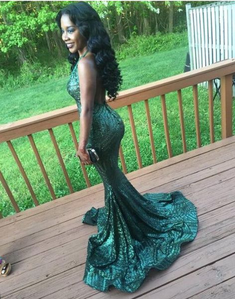 

2k17 сексуальные зеленые блестки длинные платья выпускного вечера холтер спинки русалка cutaway боковой моде вечерние платья арабский черная, Black