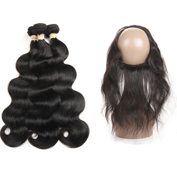 

peruvian virgin hair 360 cosure with bundles body wave 3 bundles peruvian hair closure 360 lace frontal with bundles 100% unprocessed hair, Black