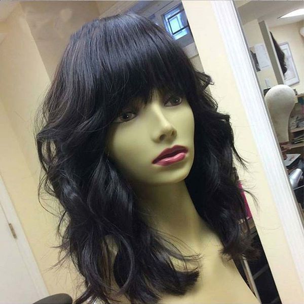 

10-16inch fashion bob bang wigs 100% human natural wavy bob virgin hair full lace wigs short glueless wavy bob lace front wig, Black