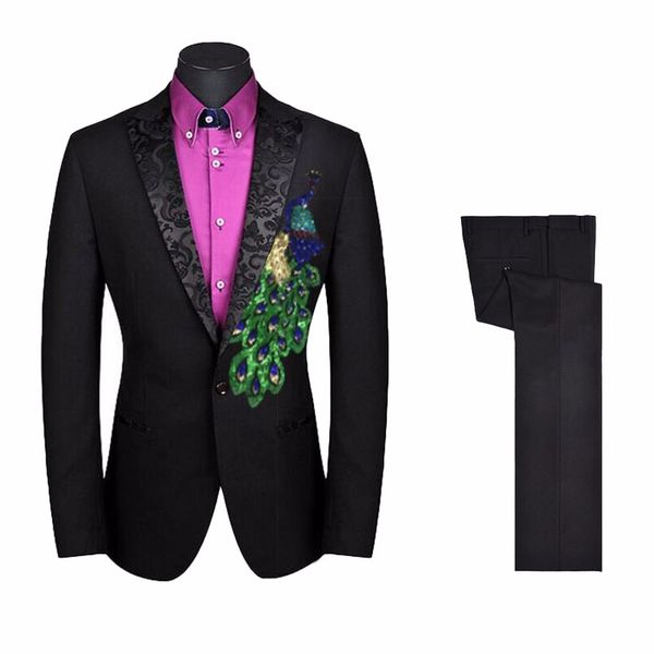 

wholesale- 2017 fashion brand slim fit black jacket pants formal dress men suit unique embroidered groom tuxedos bespoke plus size suits, White;black
