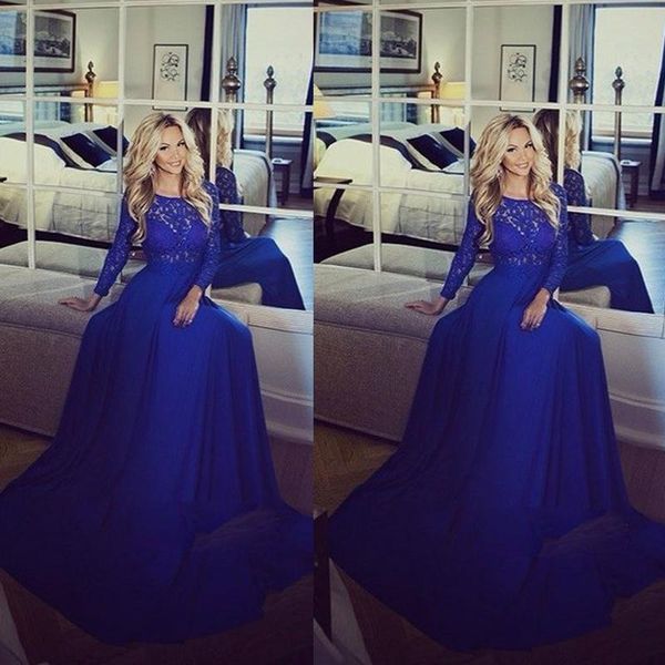 

long formal gowns vintage full sleeve royal blue a line evening dresses lace sheer chiffon special occasion vestidos sale, Black;red