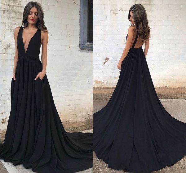

2017 charming black long prom dresses plunging neck ruffled satin backless price summer evening gowns formal party dresses sweep train, Black;red