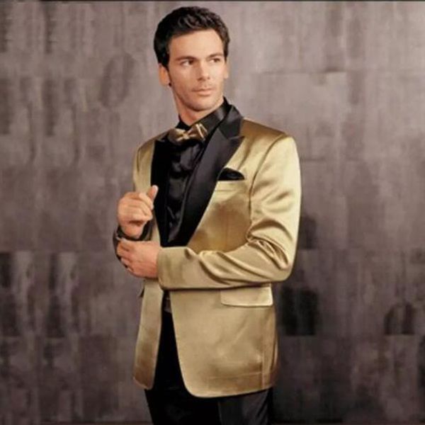 Altın ve Siyah Ceket Damat Smokin Groomsmen Düğün Giyim Custom Made Erkekler Erkek Örgün Giyim Suits (Ceket + Pantolon + Papyon) EW7106