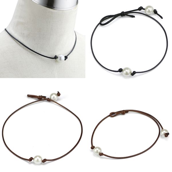 

Simple and Elegant High Luster Pearls Leather Choker Necklaces Women's Punk Style Hand Knotted Fashion Jewelry