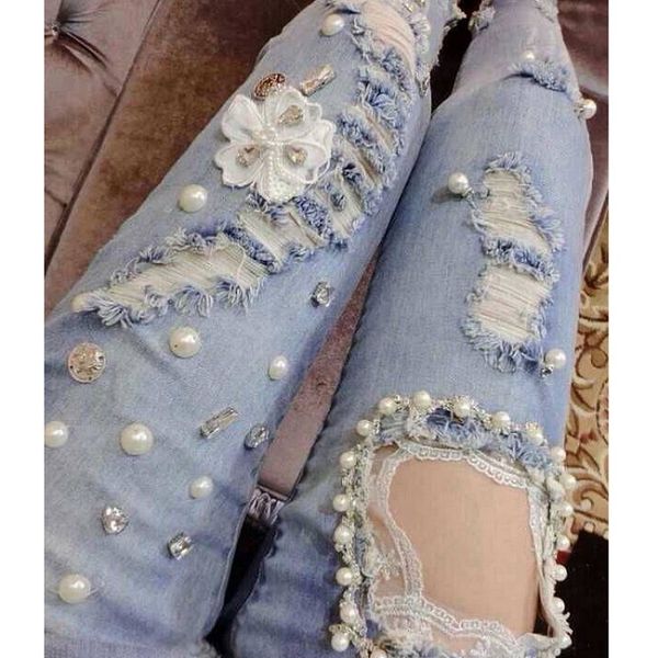 

wholesale- 2016 lace handmade sparkling bead diamond rhinestones nail ripped slim skinny women jeans, Blue