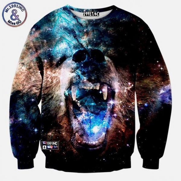 

wholesale- arrival fashion men funny 3d sweatshirts terrible ferocity animals printed hoodies galaxy hoody, Black