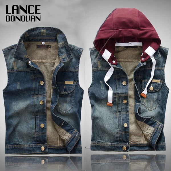 All'ingrosso-Nuovo 2016 Vintage Denim Moto Gilet Uomo con cappuccio Strappato buco jean Gilet Slim senza maniche Colete Masculino