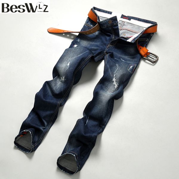 

wholesale-2016 beswlz men denim jeans straight slim male scratched jeans pants casual business style men ripped blue jeans homme 9504