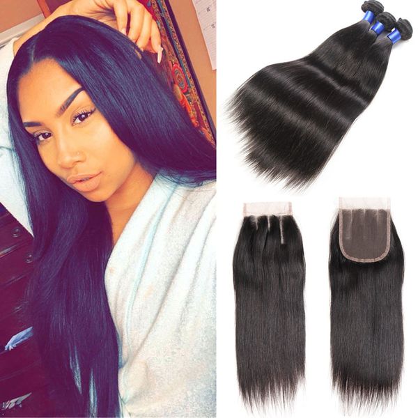 

Brazilian Virgin Hair Straight 3 Bundles with Closure Brazilian Hair Bundles Deals Silky Straight Human Hair Lace Closure and Bundels
